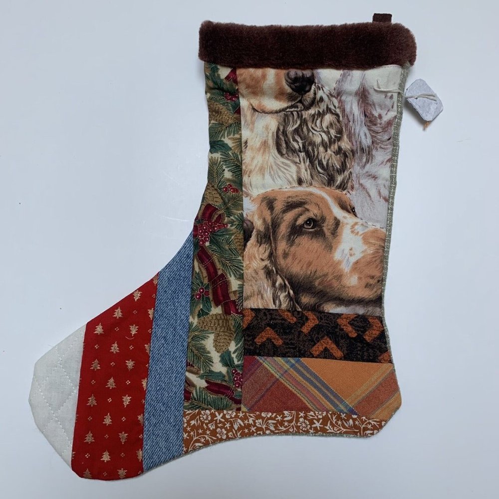 Christmas Stocking Quilted Patchwork Fabric Dog Puppy NEW‎ 14” Handmade